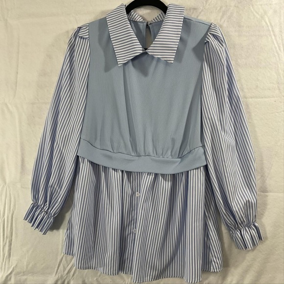 SHEIN Tops - Shein Blouse Womens 1XL Blue Striped Collared Puff Sleeve Tunic Top Plus Size